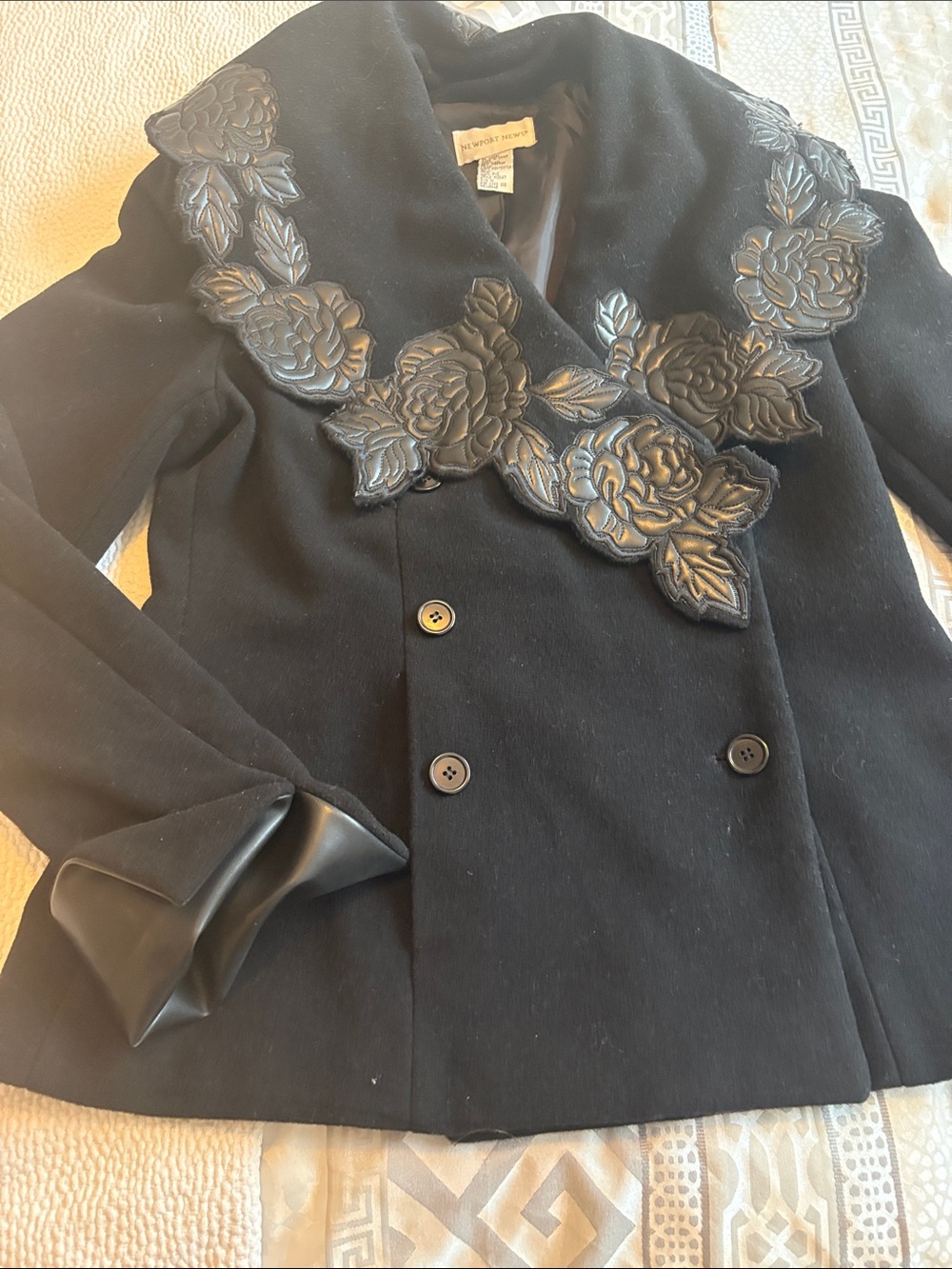 Newport News Black Double-Breasted Peacoat with Floral Appliqué